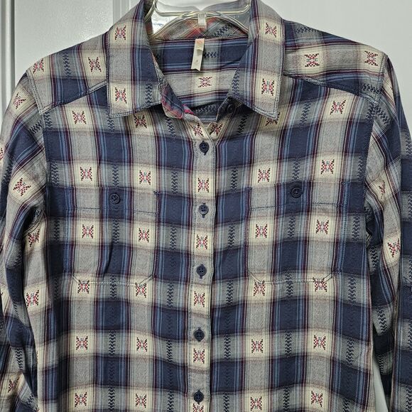 Mountain Khakis Button Up Shirt Women’s Small Plaid Blue Tan Pockets Soft Cotton - Picture 5 of 10